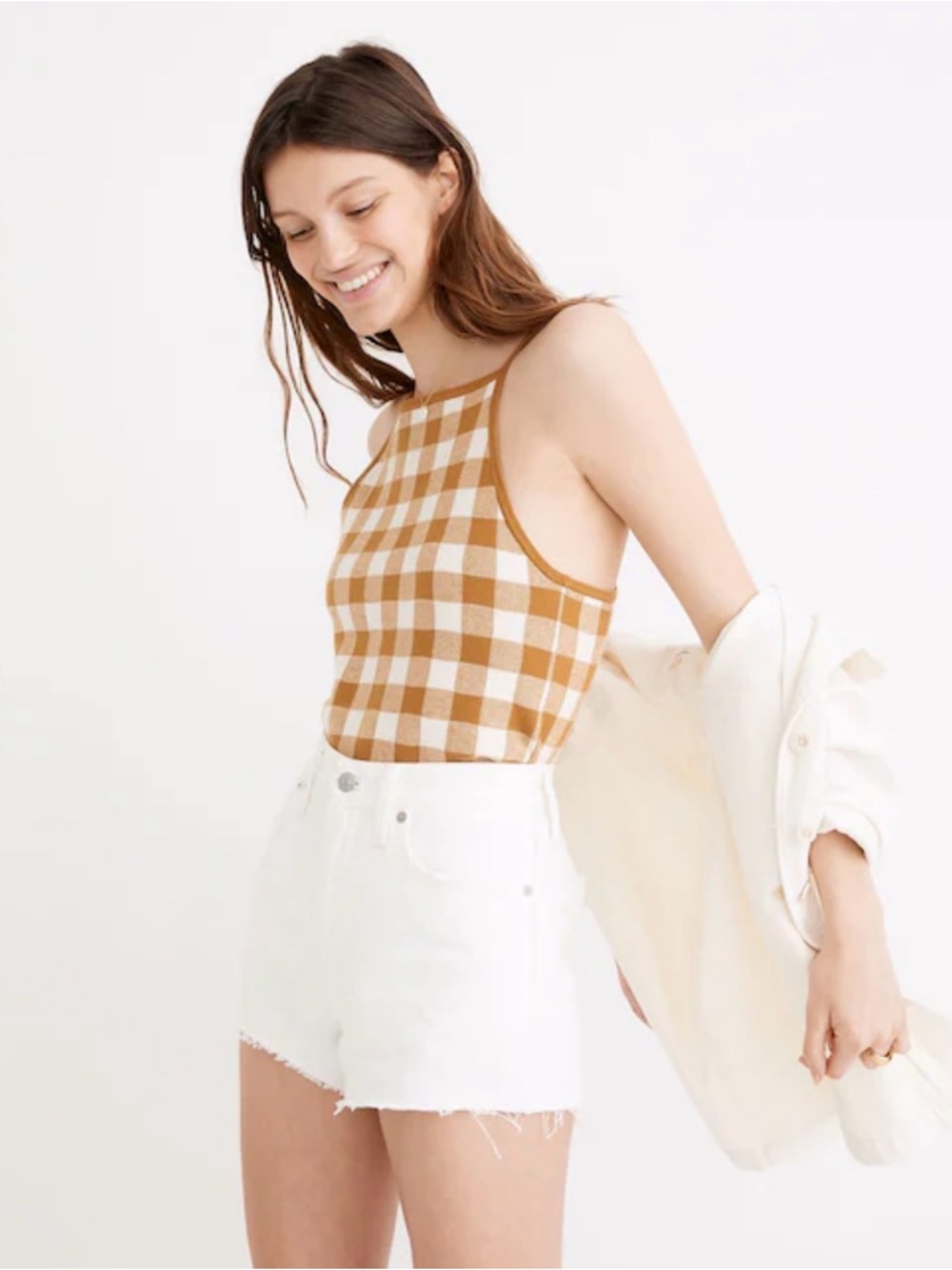 Madewell Gingham Knit Tank Top in Mustard and Cream
